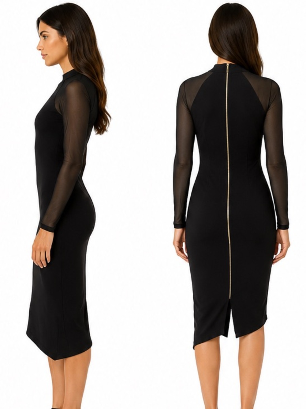 Ted Baker Black Mesh-Sleeve Midi Dress with Gold Back Zip
